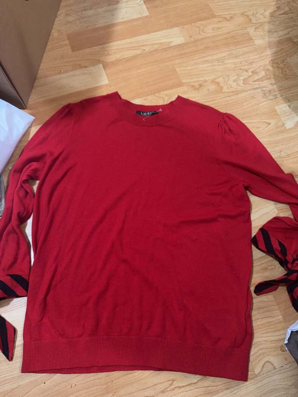 Lauren Ralph Lauren Red Crewneck Sweater with Striped Tie Sleeves